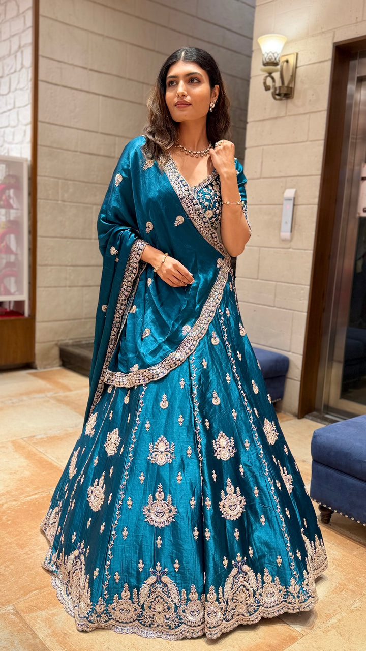 Teal Blue Designer Lehenga Saree with Heavy Embroidery & Draped Dupatta