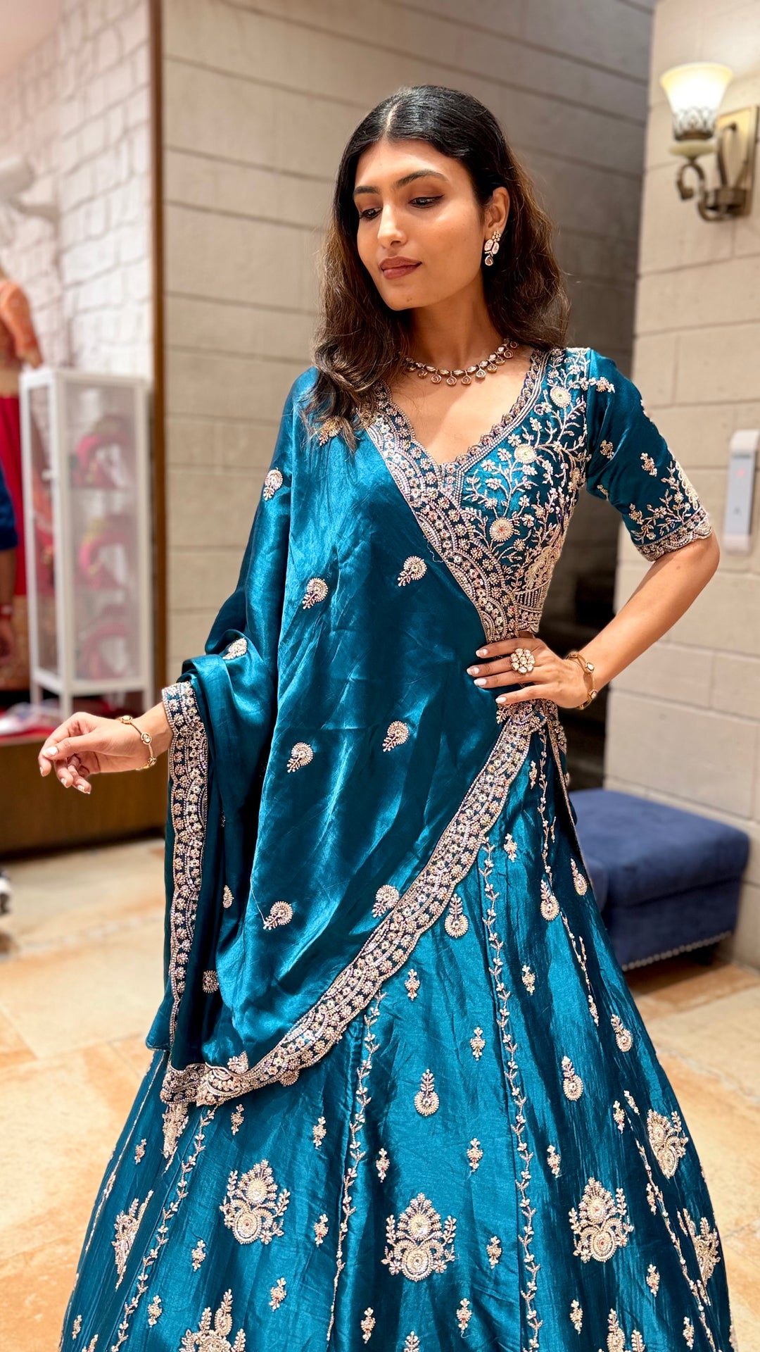 Teal Blue Designer Lehenga Saree with Heavy Embroidery & Draped Dupatta