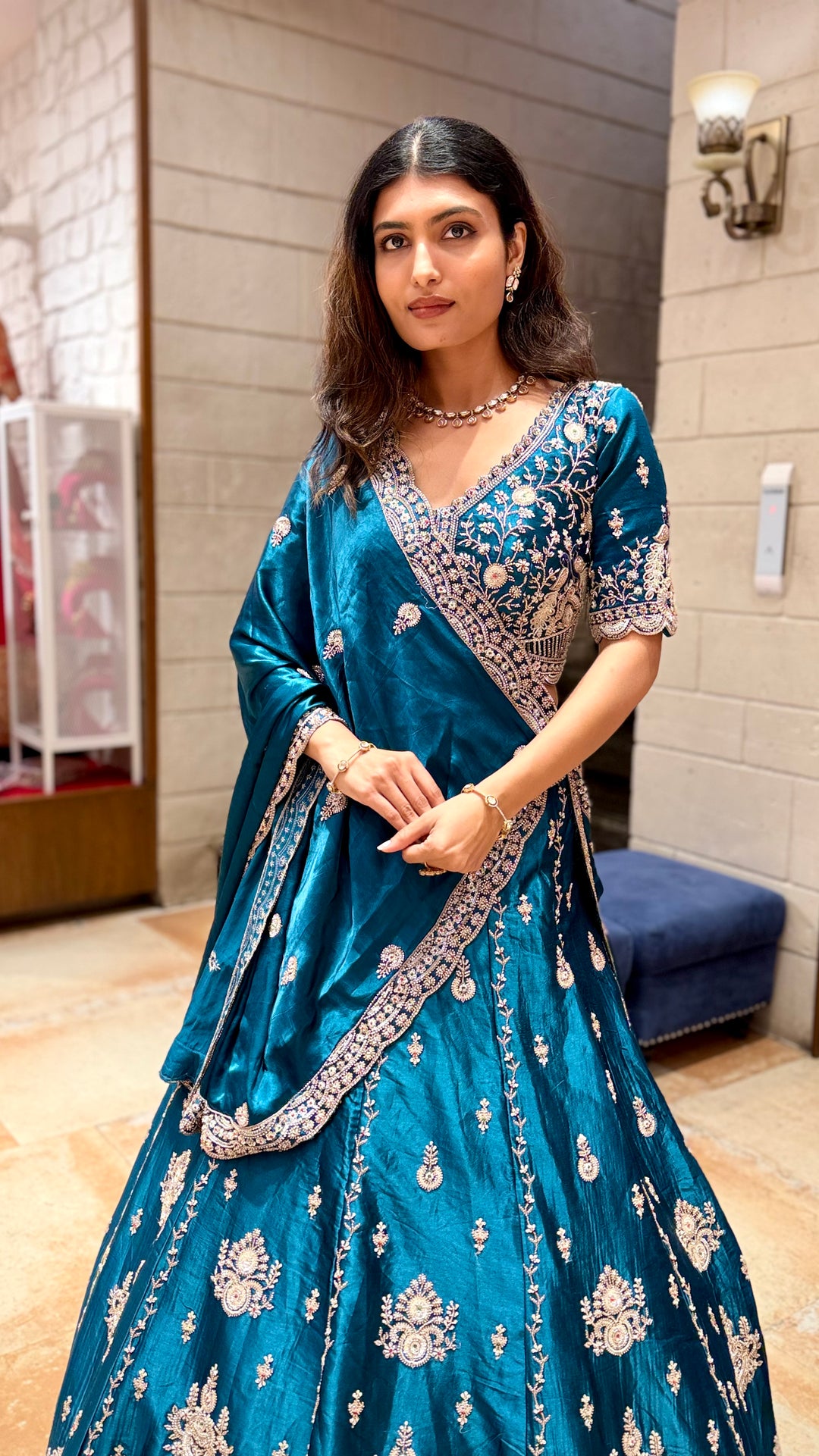 Teal Blue Designer Lehenga Saree with Heavy Embroidery & Draped Dupatta