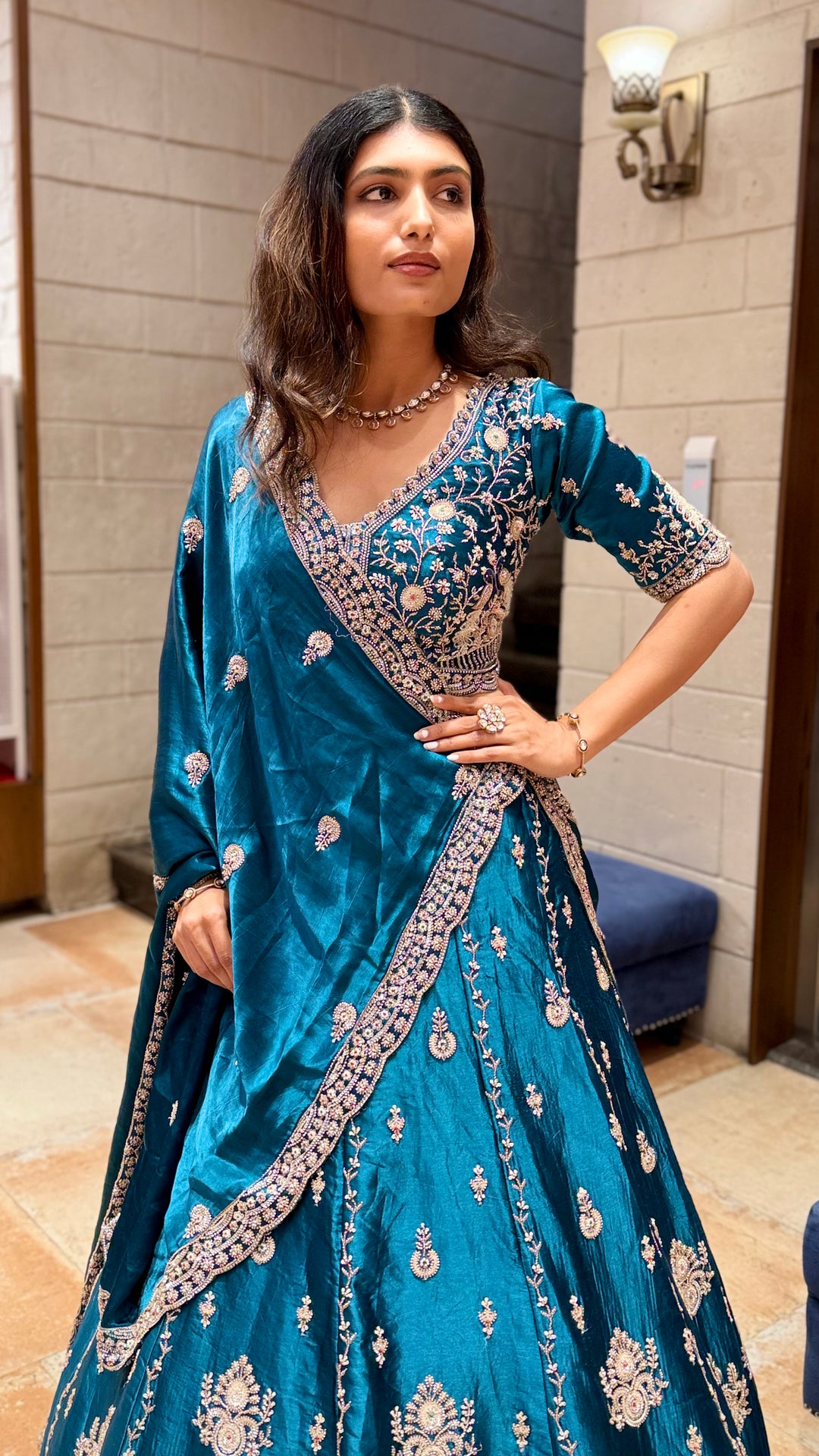 Teal Blue Designer Lehenga Saree with Heavy Embroidery & Draped Dupatta