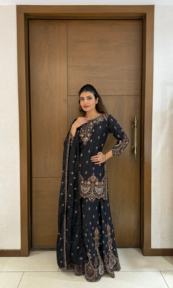 Black Georgette Embroidered Sharara Suit with Dupatta