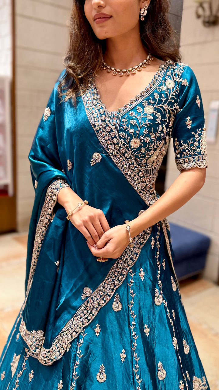 Teal Blue Designer Lehenga Saree with Heavy Embroidery & Draped Dupatta