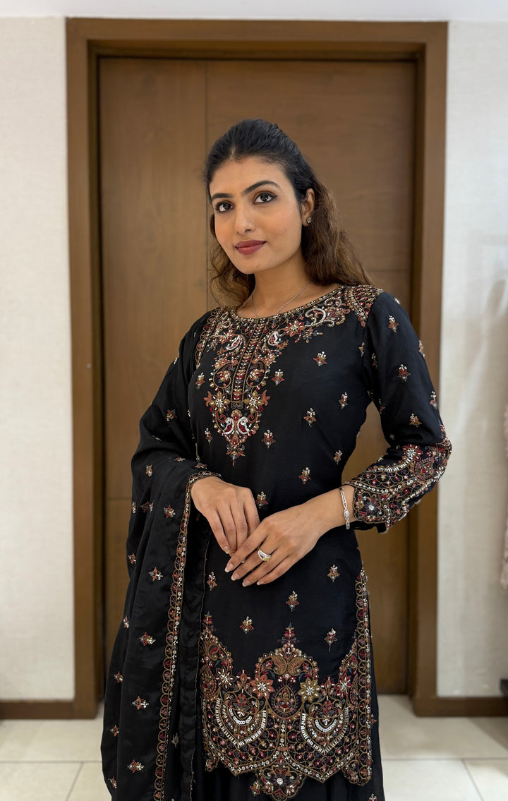 Black Georgette Embroidered Sharara Suit with Dupatta