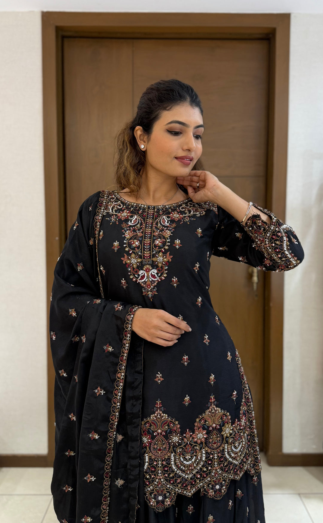 Black Georgette Embroidered Sharara Suit with Dupatta