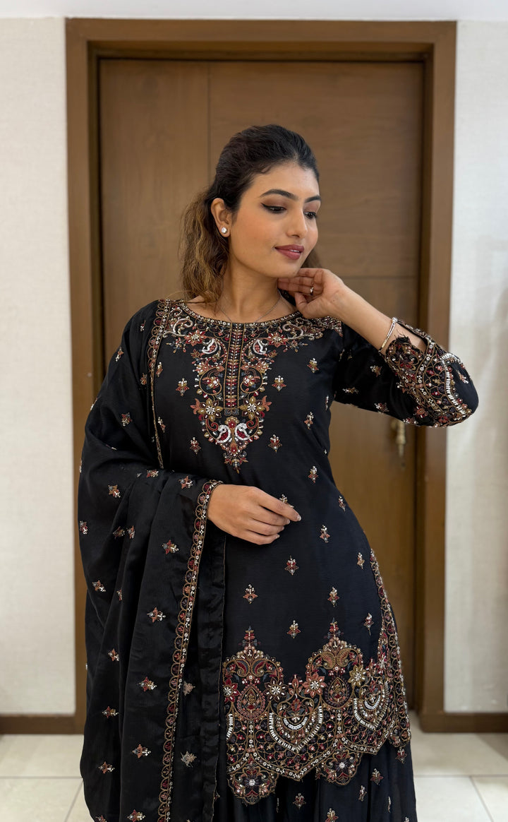 Black Georgette Embroidered Sharara Suit with Dupatta