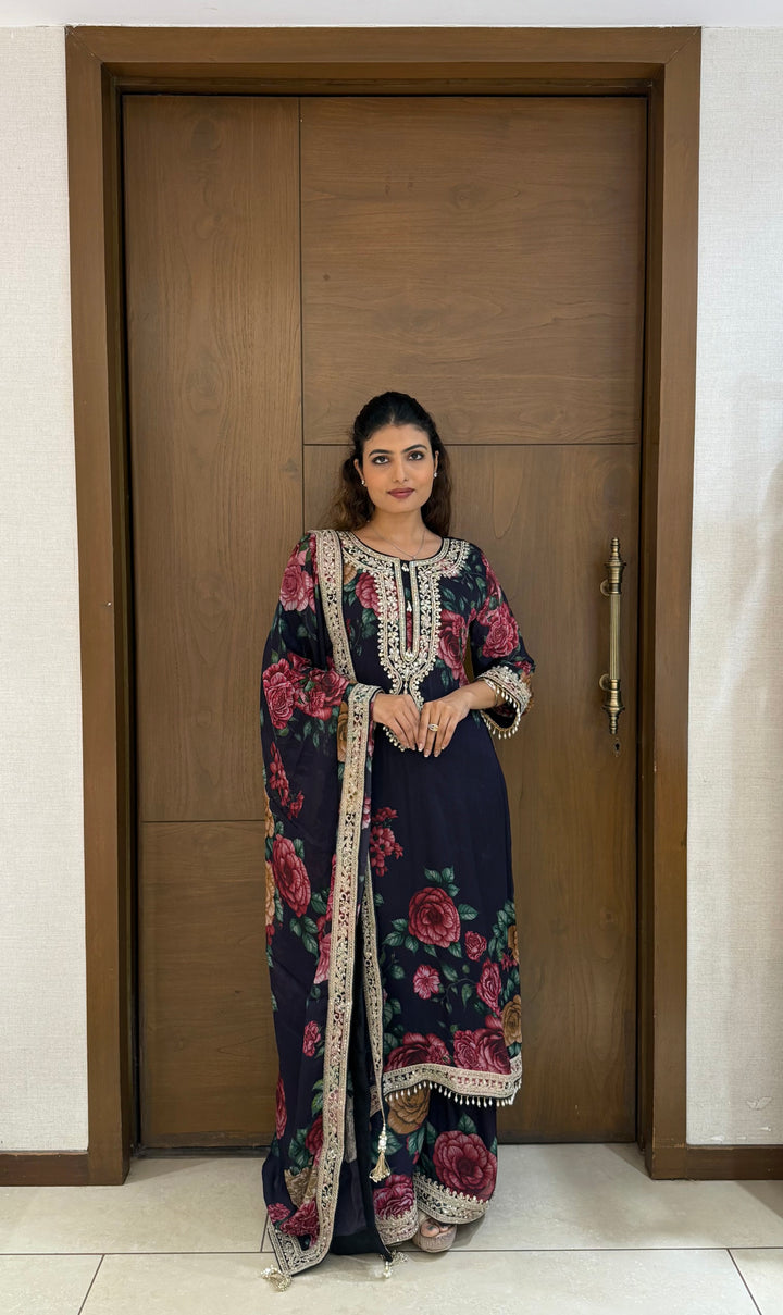 Black Floral Printed Embroidered Suit Set with Dupatta