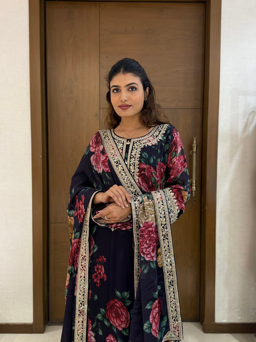 Black Floral Printed Embroidered Suit Set with Dupatta