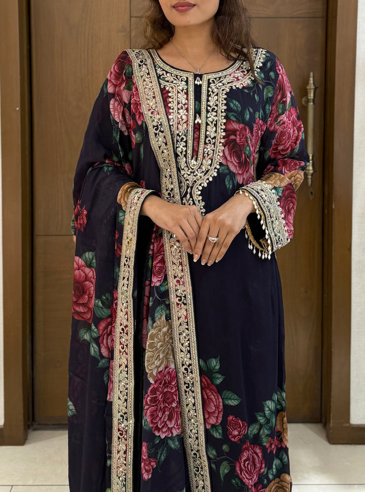 Black Floral Printed Embroidered Suit Set with Dupatta