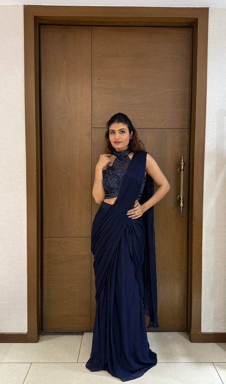 Navy Blue Ready-to-Wear Saree with Embroidered Blouse – Midnight Grace