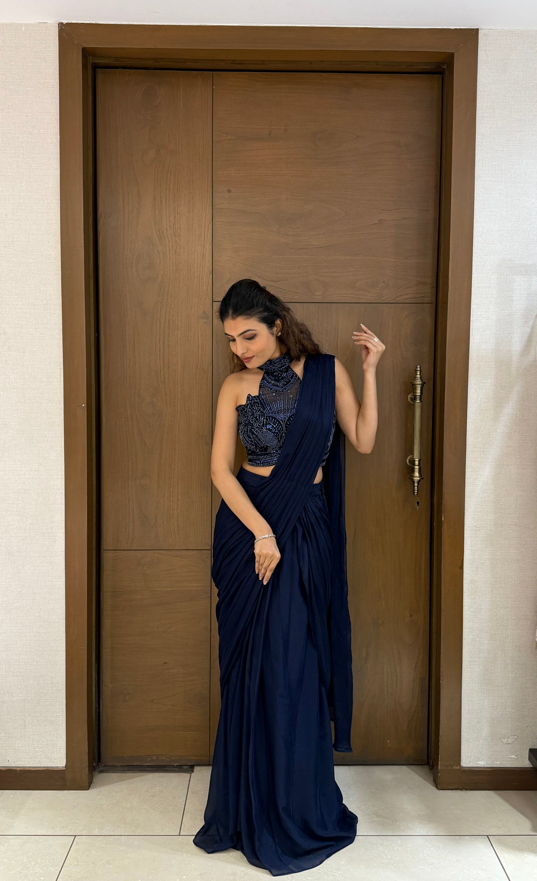 Navy Blue Ready-to-Wear Saree with Embroidered Blouse – Midnight Grace
