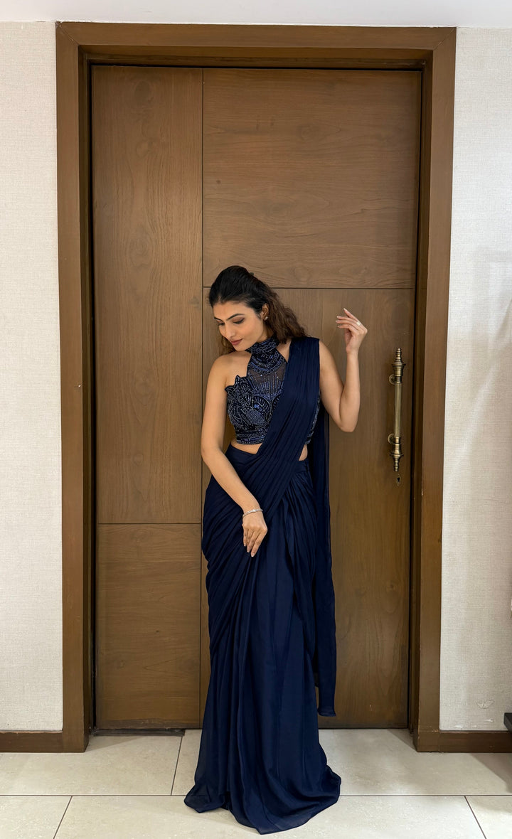 Navy Blue Ready-to-Wear Saree with Embroidered Blouse – Midnight Grace