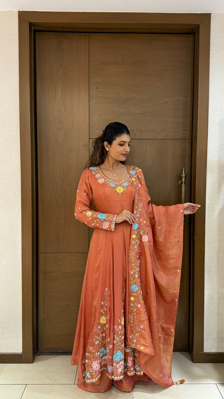 Elegant Rust Orange Embroidered Anarkali Suit with Dupatta