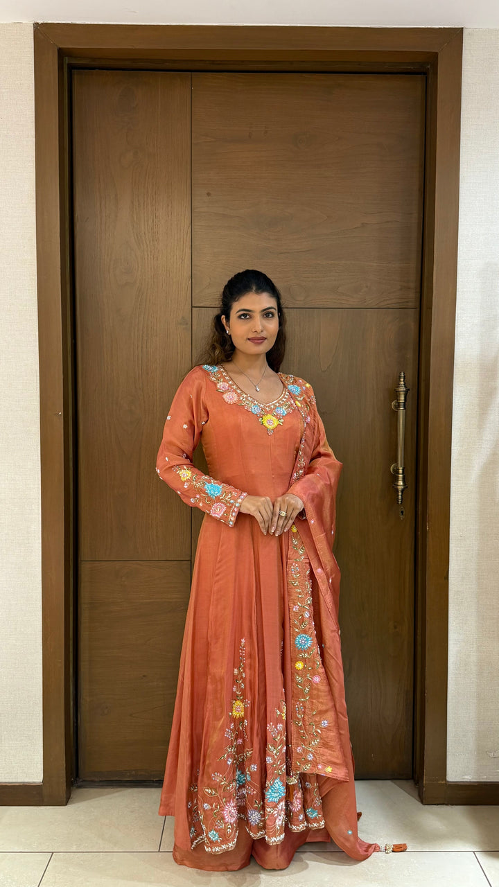 Elegant Rust Orange Embroidered Anarkali Suit with Dupatta