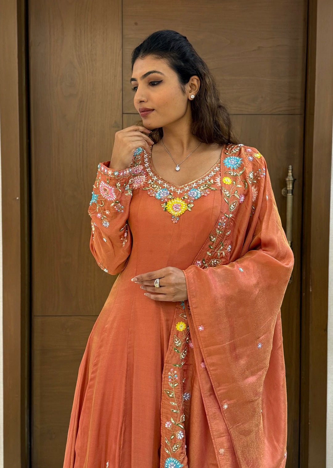 Elegant Rust Orange Embroidered Anarkali Suit with Dupatta