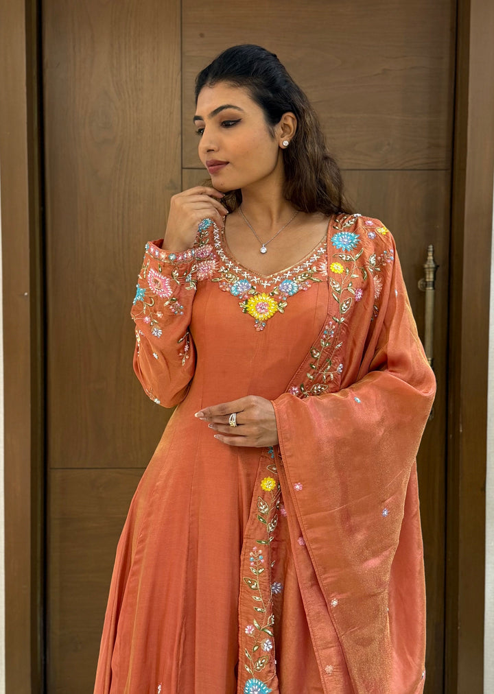 Elegant Rust Orange Embroidered Anarkali Suit with Dupatta