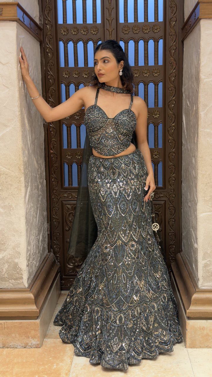 Charcoal Black Designer Mermaid Lehenga with Mirror Embellished Blouse & Dupatta