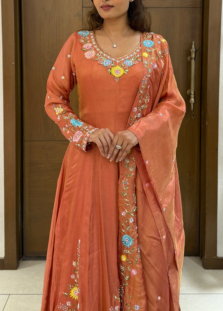 Elegant Rust Orange Embroidered Anarkali Suit with Dupatta