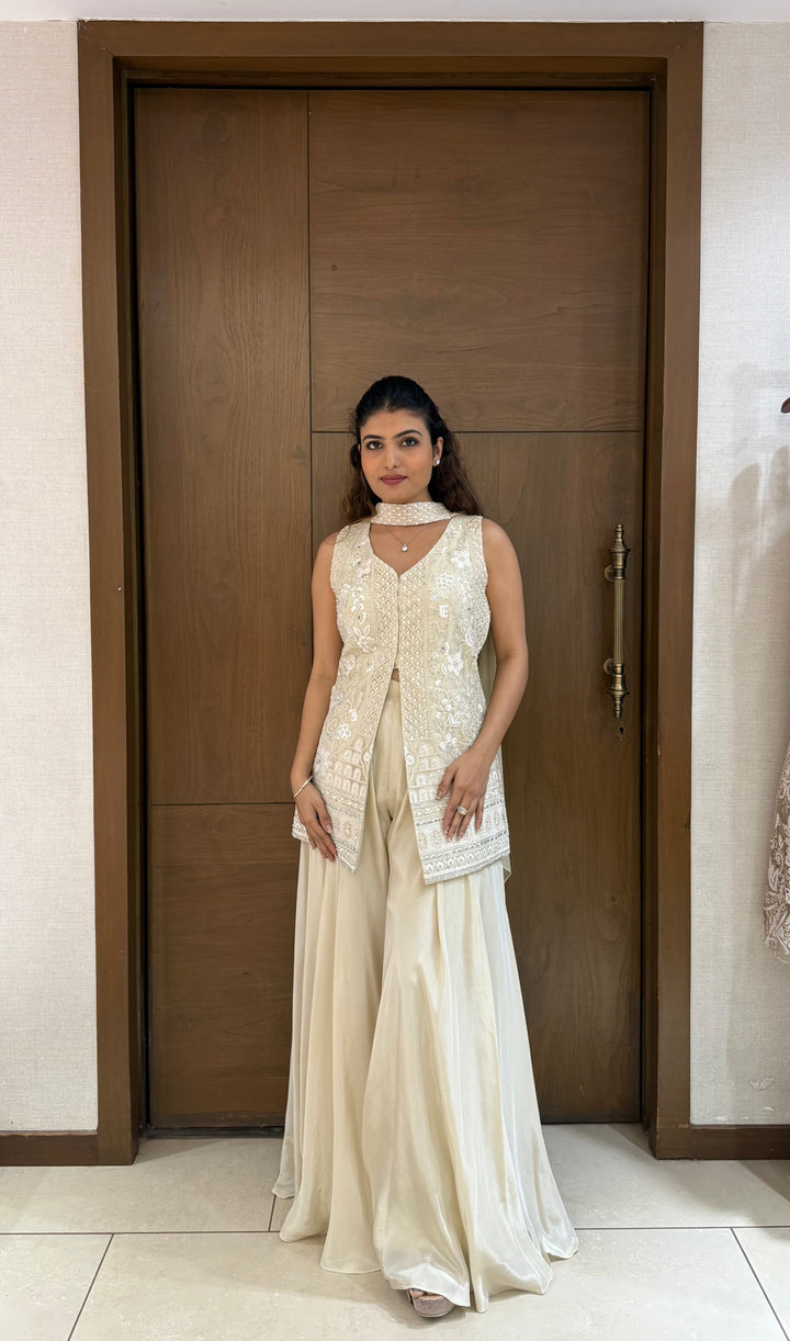 Ivory Georgette Embroidered Sharara Set with Jacket & Dupatta