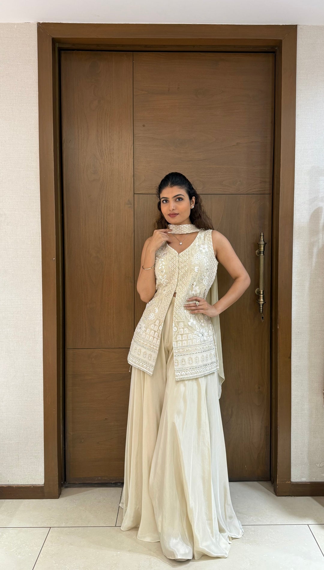 Ivory Georgette Embroidered Sharara Set with Jacket & Dupatta