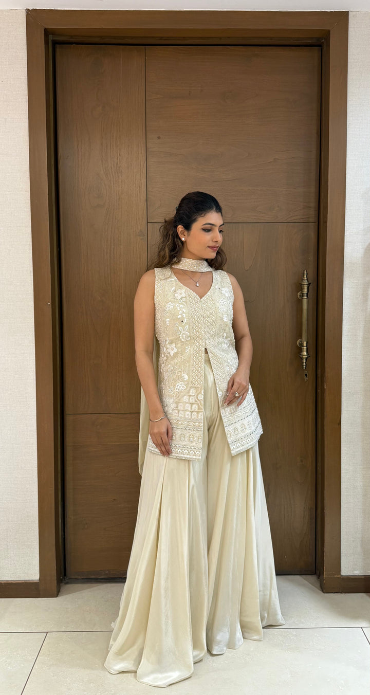 Ivory Georgette Embroidered Sharara Set with Jacket & Dupatta