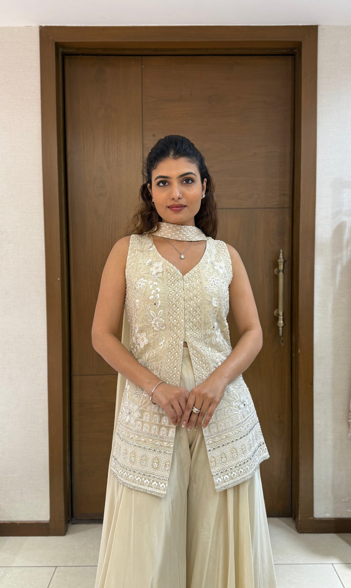 Ivory Georgette Embroidered Sharara Set with Jacket & Dupatta