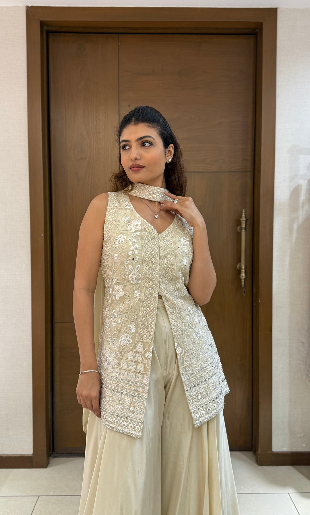 Ivory Georgette Embroidered Sharara Set with Jacket & Dupatta