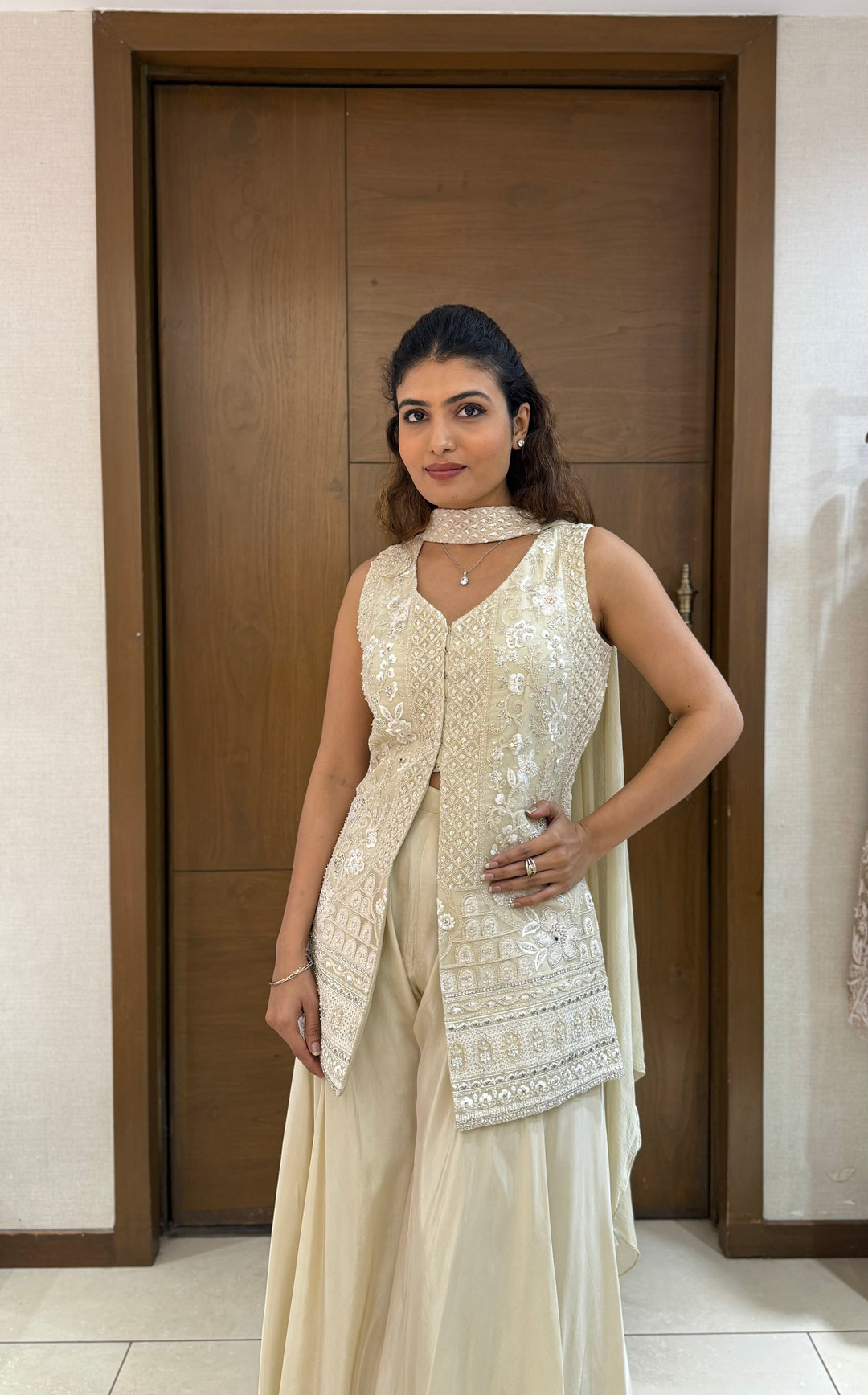 Ivory Georgette Embroidered Sharara Set with Jacket & Dupatta