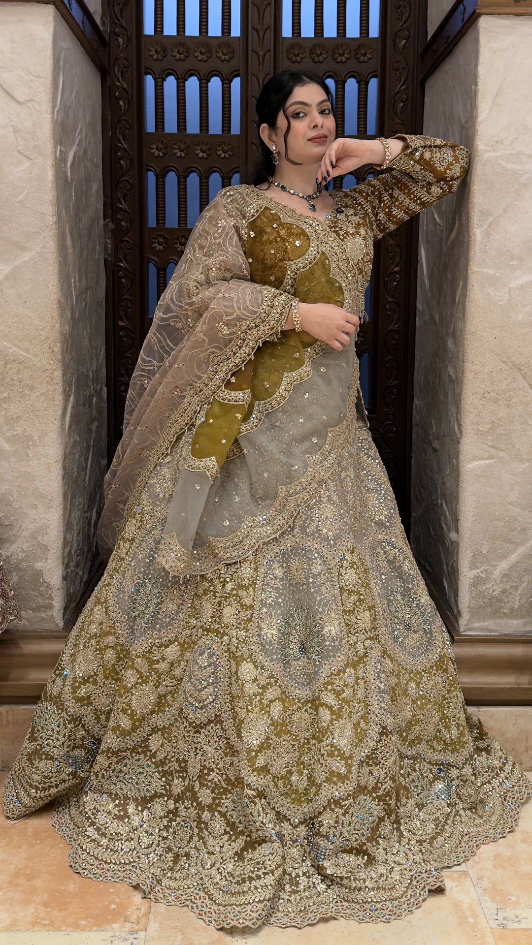 Olive Green Designer Bridal Lehenga with Heavy Zari Embroidery & Net Dupatta