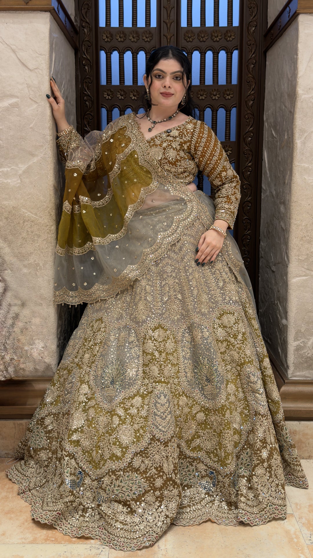 Olive Green Designer Bridal Lehenga with Heavy Zari Embroidery & Net Dupatta