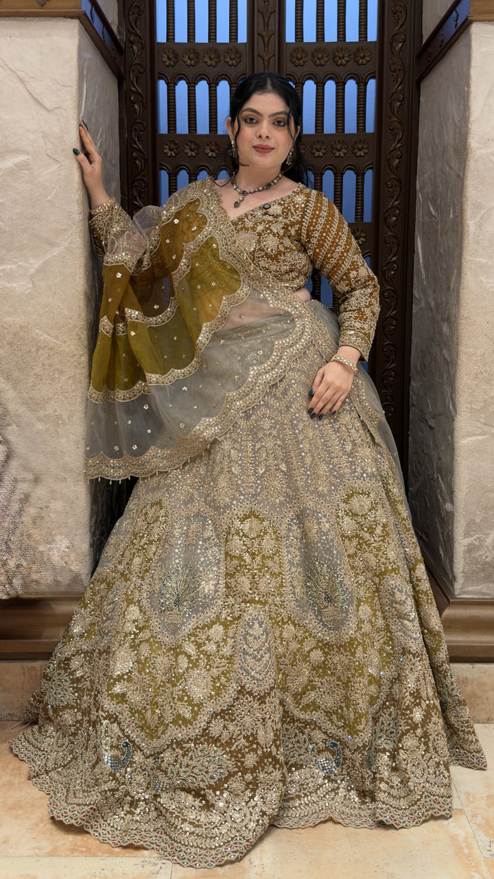 Olive Green Designer Bridal Lehenga with Heavy Zari Embroidery & Net Dupatta