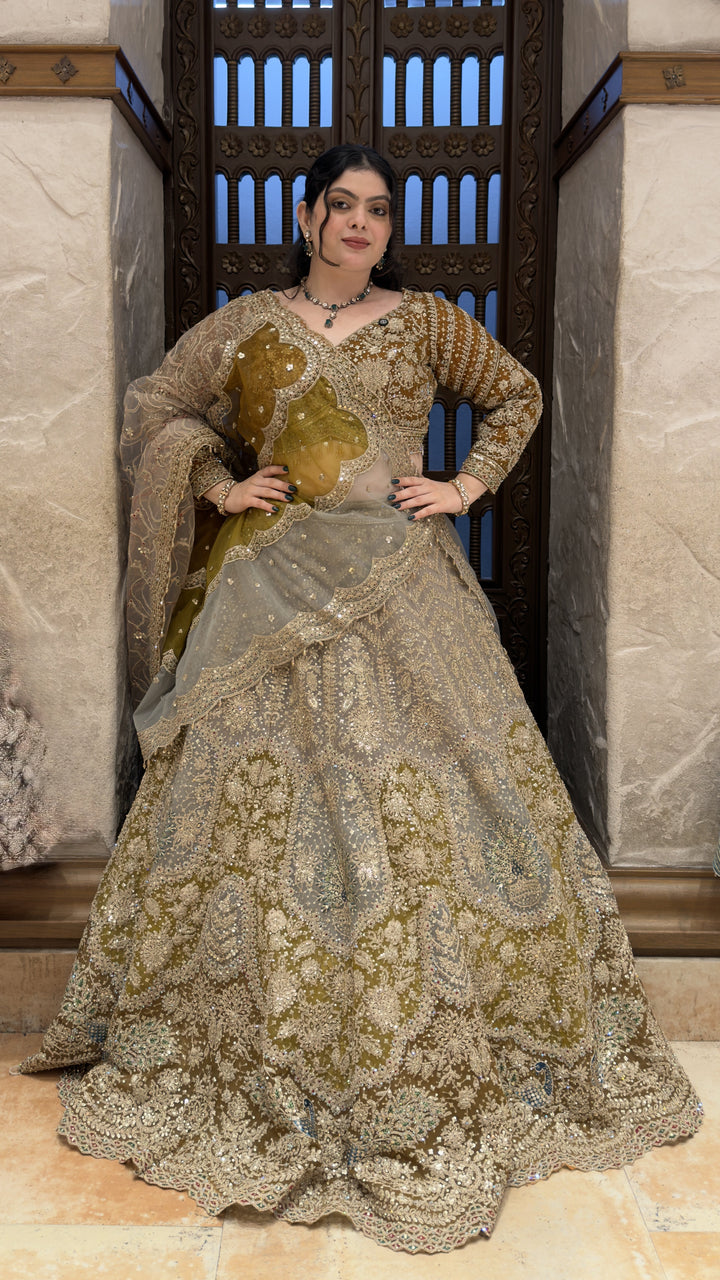 Olive Green Designer Bridal Lehenga with Heavy Zari Embroidery & Net Dupatta