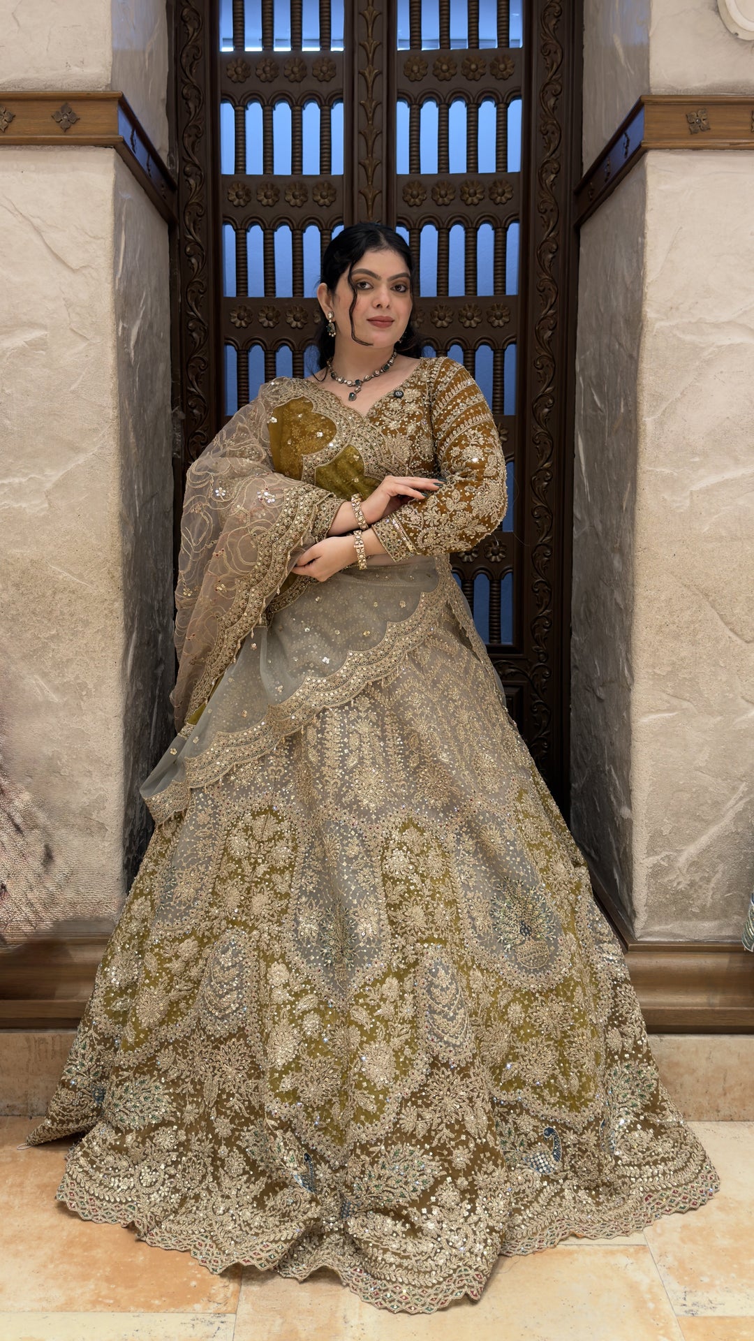 Olive Green Designer Bridal Lehenga with Heavy Zari Embroidery & Net Dupatta