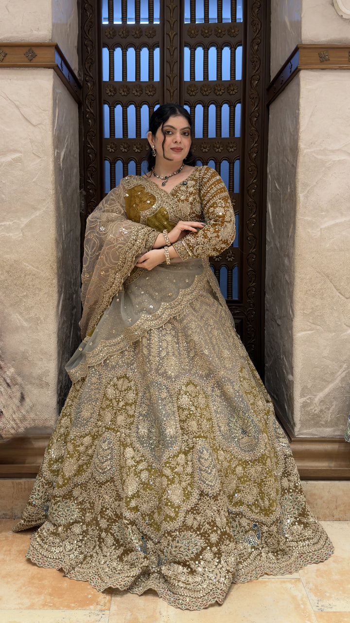 Olive Green Designer Bridal Lehenga with Heavy Zari Embroidery & Net Dupatta