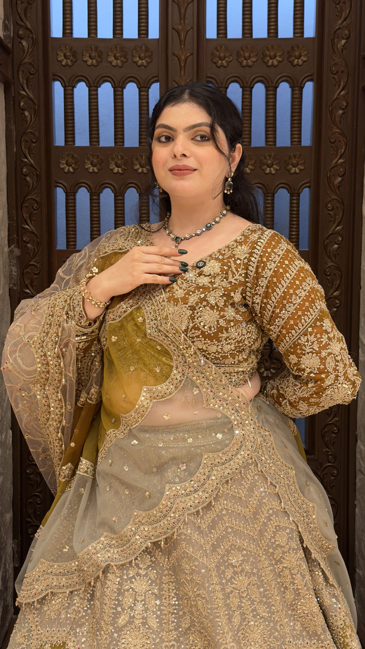 Olive Green Designer Bridal Lehenga with Heavy Zari Embroidery & Net Dupatta