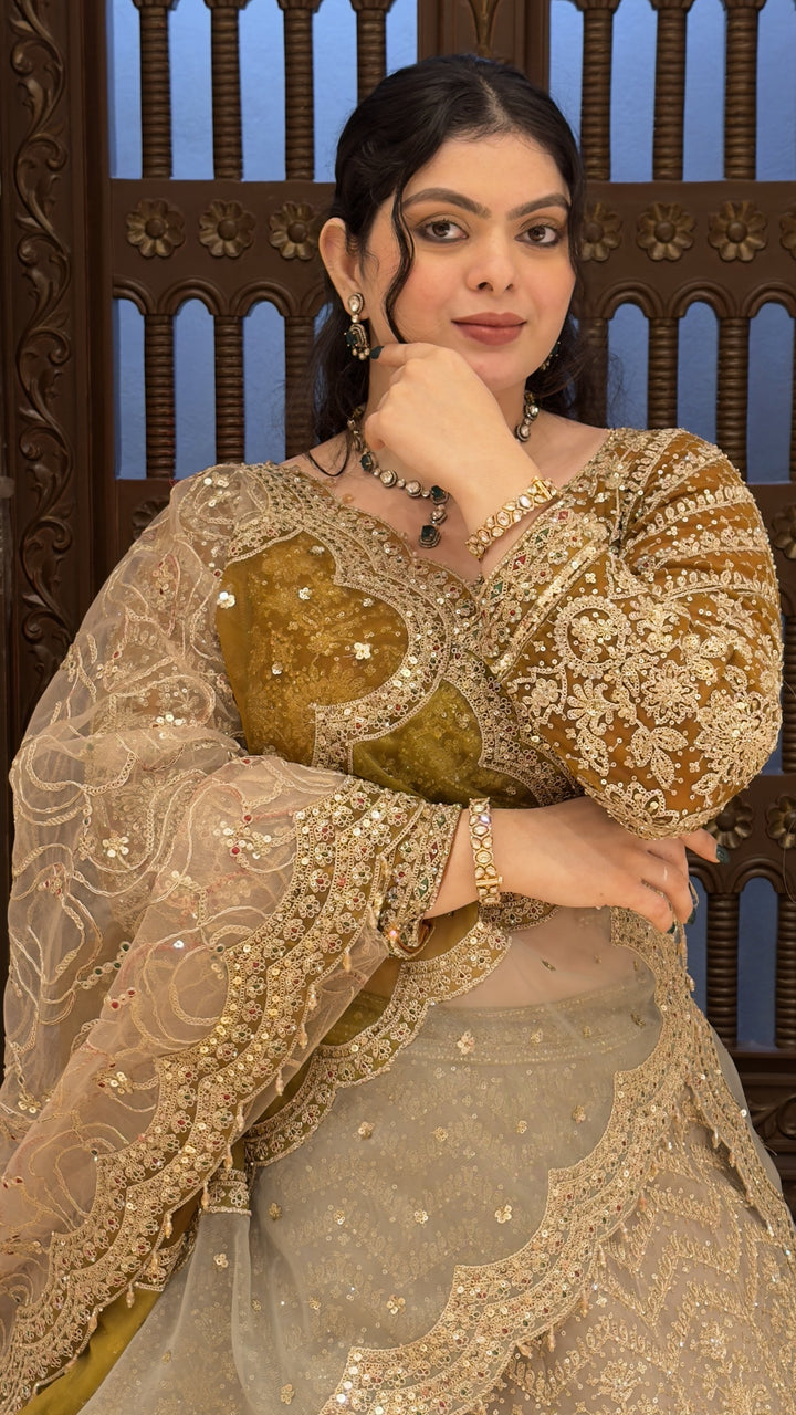 Olive Green Designer Bridal Lehenga with Heavy Zari Embroidery & Net Dupatta