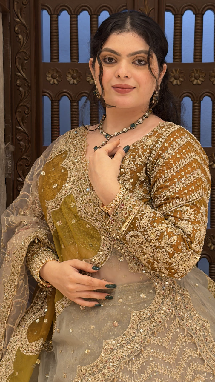 Olive Green Designer Bridal Lehenga with Heavy Zari Embroidery & Net Dupatta