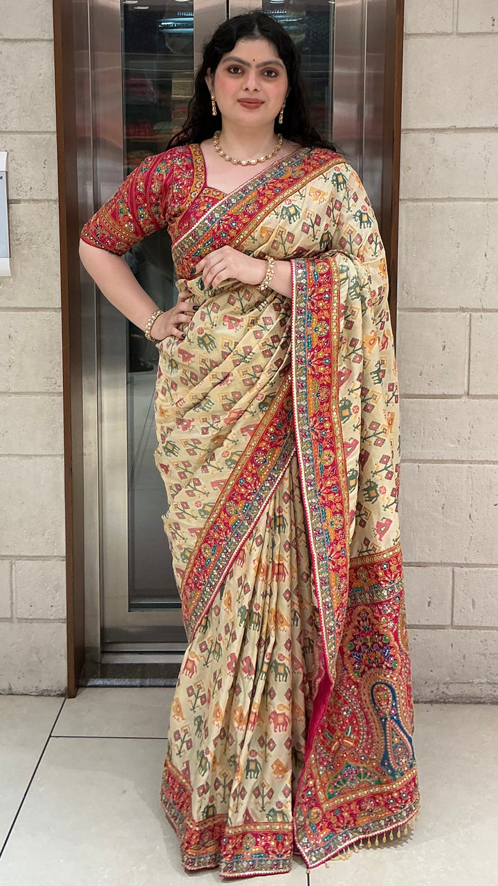 Ivory Beige Designer Weaving Silk Saree with Multicolour Heritage Border