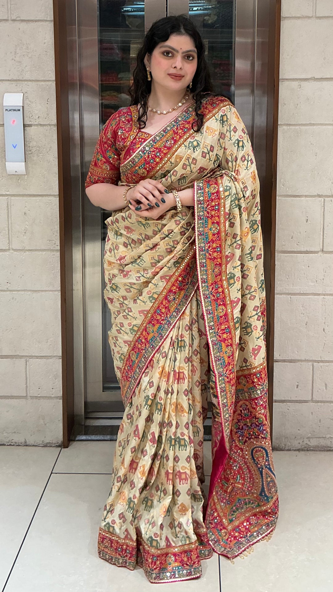 Ivory Beige Designer Weaving Silk Saree with Multicolour Heritage Border