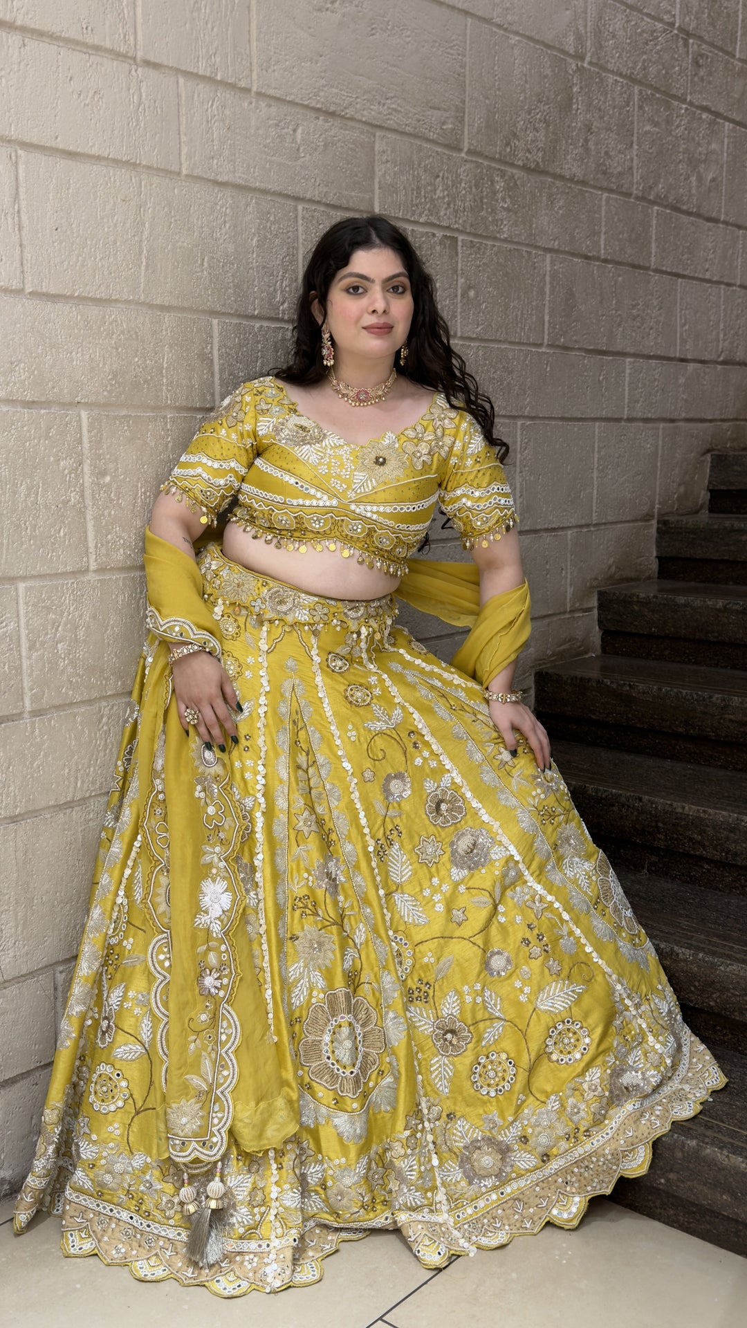 Sunshine Yellow Designer Bridal Lehenga with Floral Embroidery & Dupatta