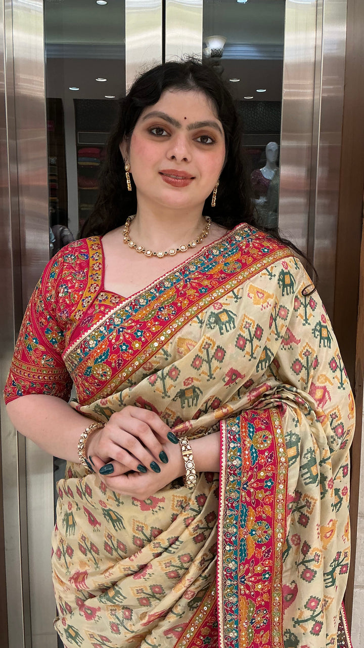 Ivory Beige Designer Weaving Silk Saree with Multicolour Heritage Border