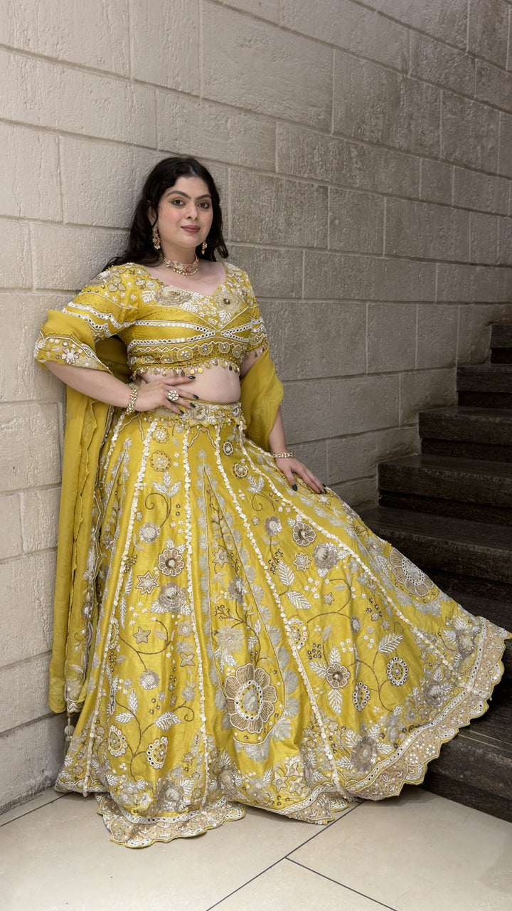 Sunshine Yellow Designer Bridal Lehenga with Floral Embroidery & Dupatta