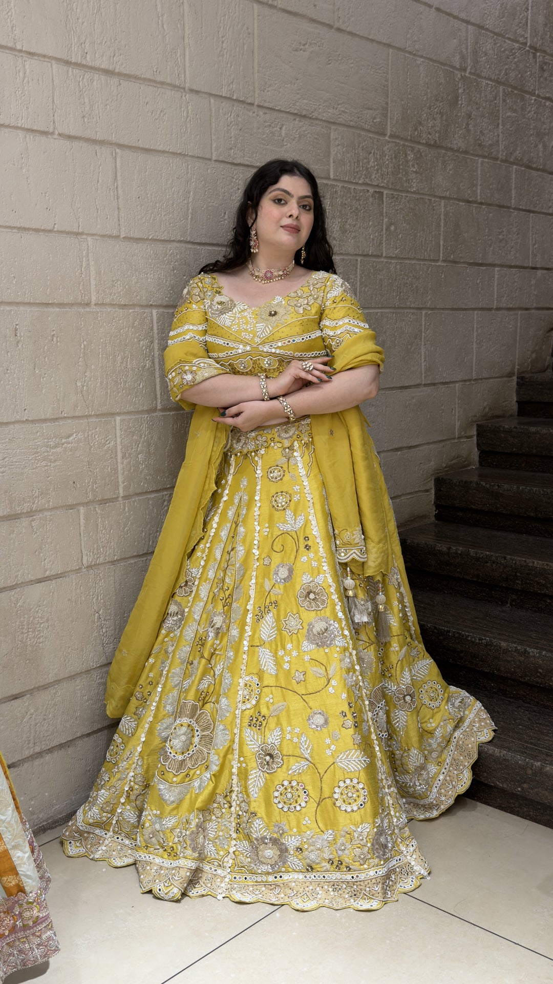 Sunshine Yellow Designer Bridal Lehenga with Floral Embroidery & Dupatta