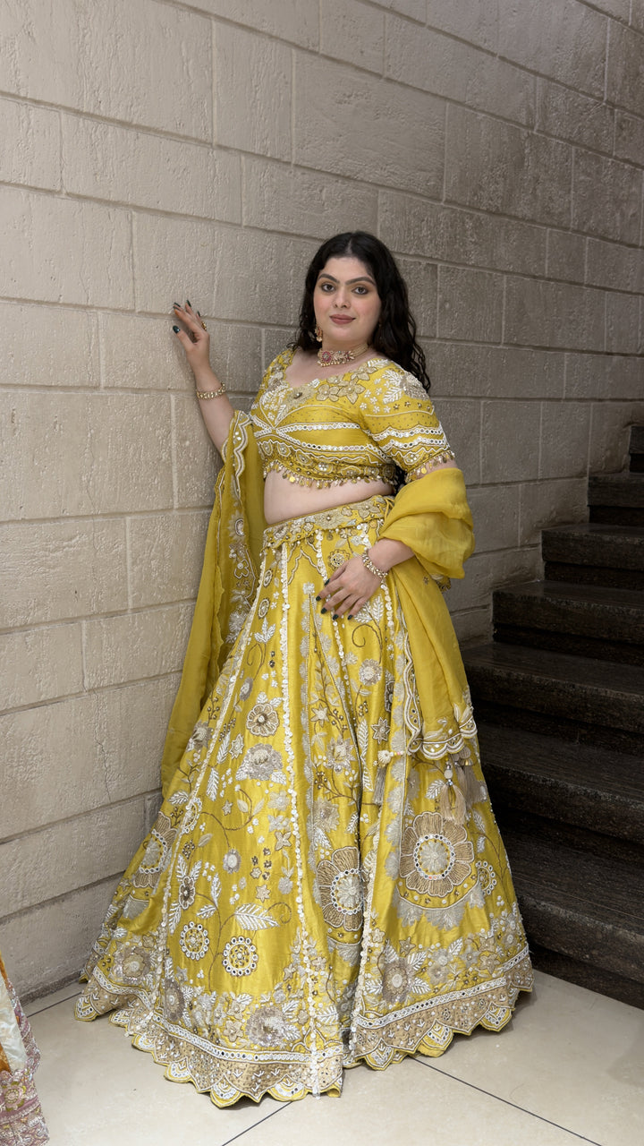 Sunshine Yellow Designer Bridal Lehenga with Floral Embroidery & Dupatta
