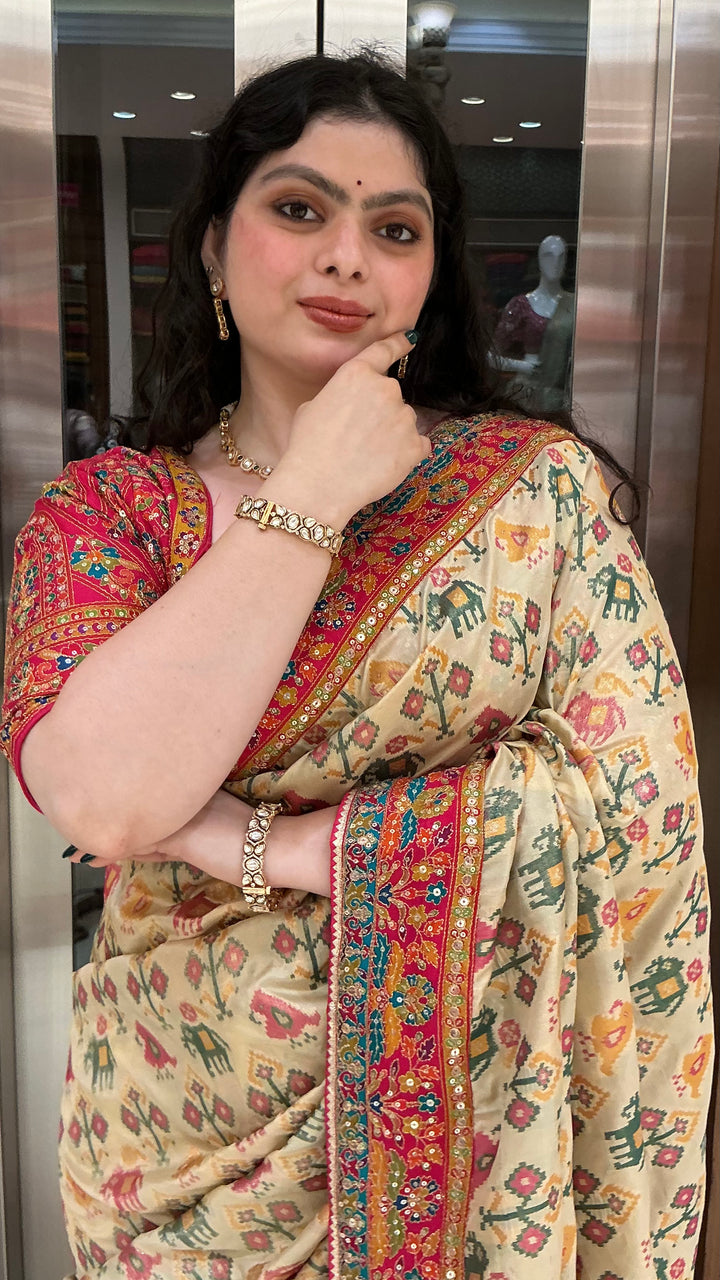Ivory Beige Designer Weaving Silk Saree with Multicolour Heritage Border