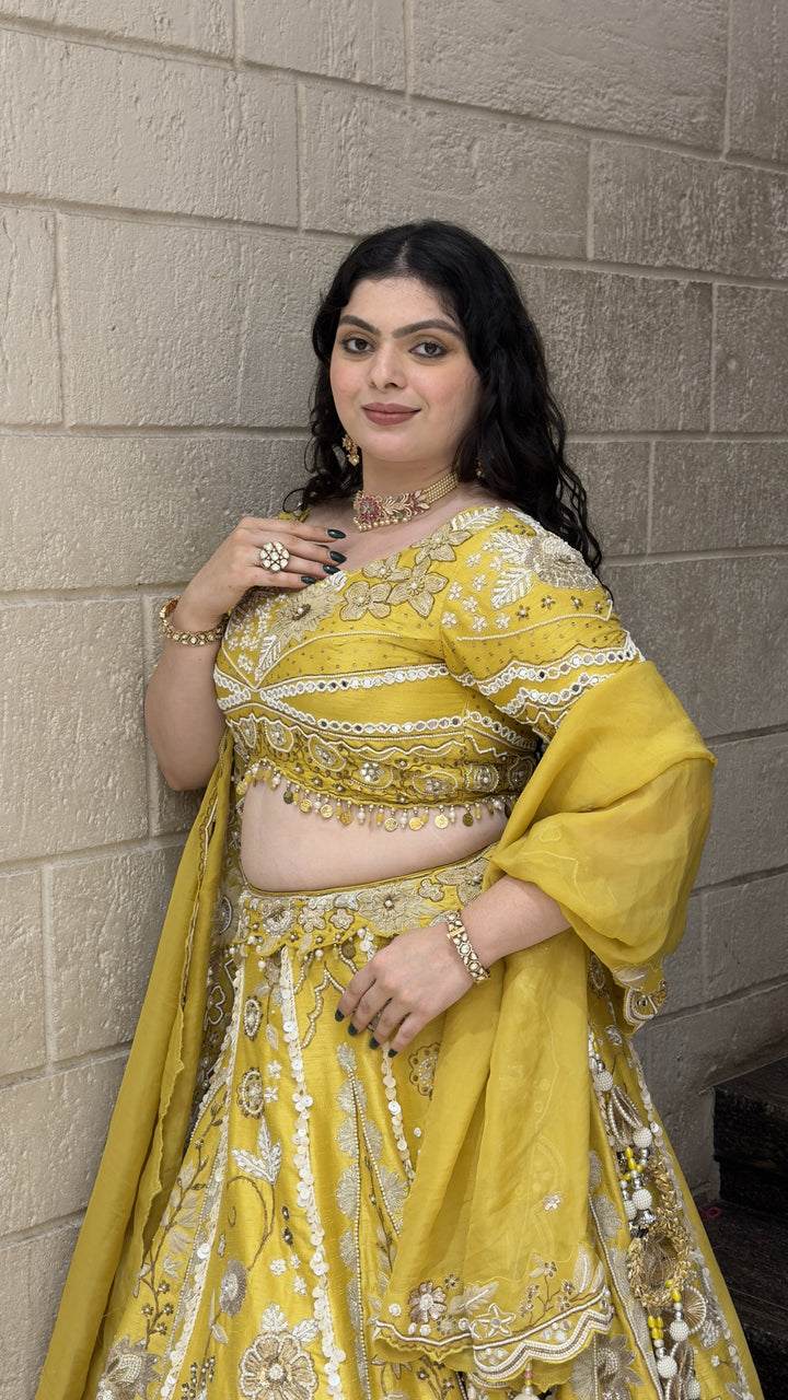 Sunshine Yellow Designer Bridal Lehenga with Floral Embroidery & Dupatta