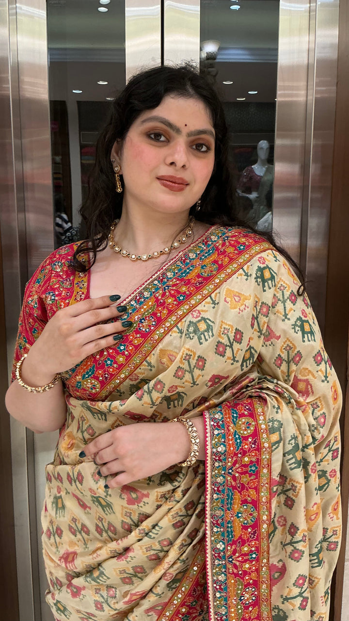 Ivory Beige Designer Weaving Silk Saree with Multicolour Heritage Border