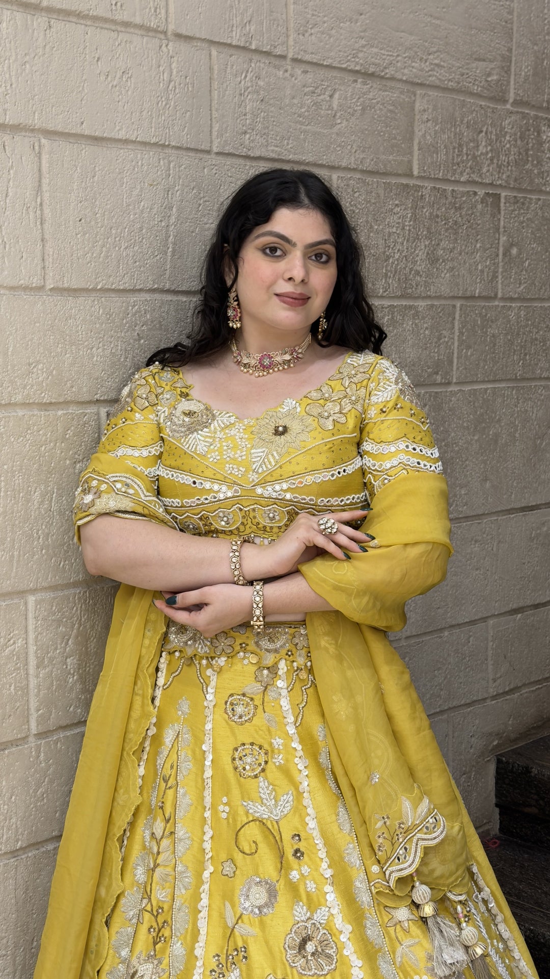 Sunshine Yellow Designer Bridal Lehenga with Floral Embroidery & Dupatta
