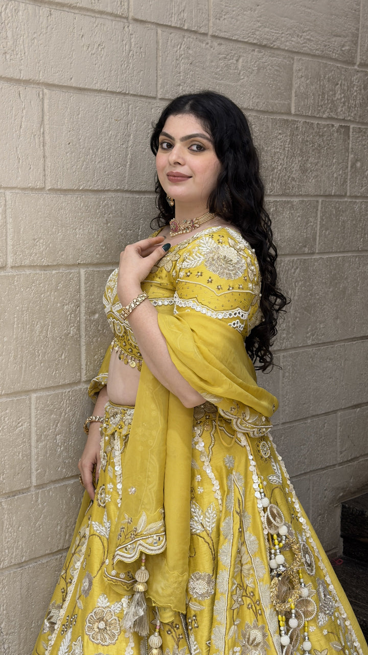 Sunshine Yellow Designer Bridal Lehenga with Floral Embroidery & Dupatta