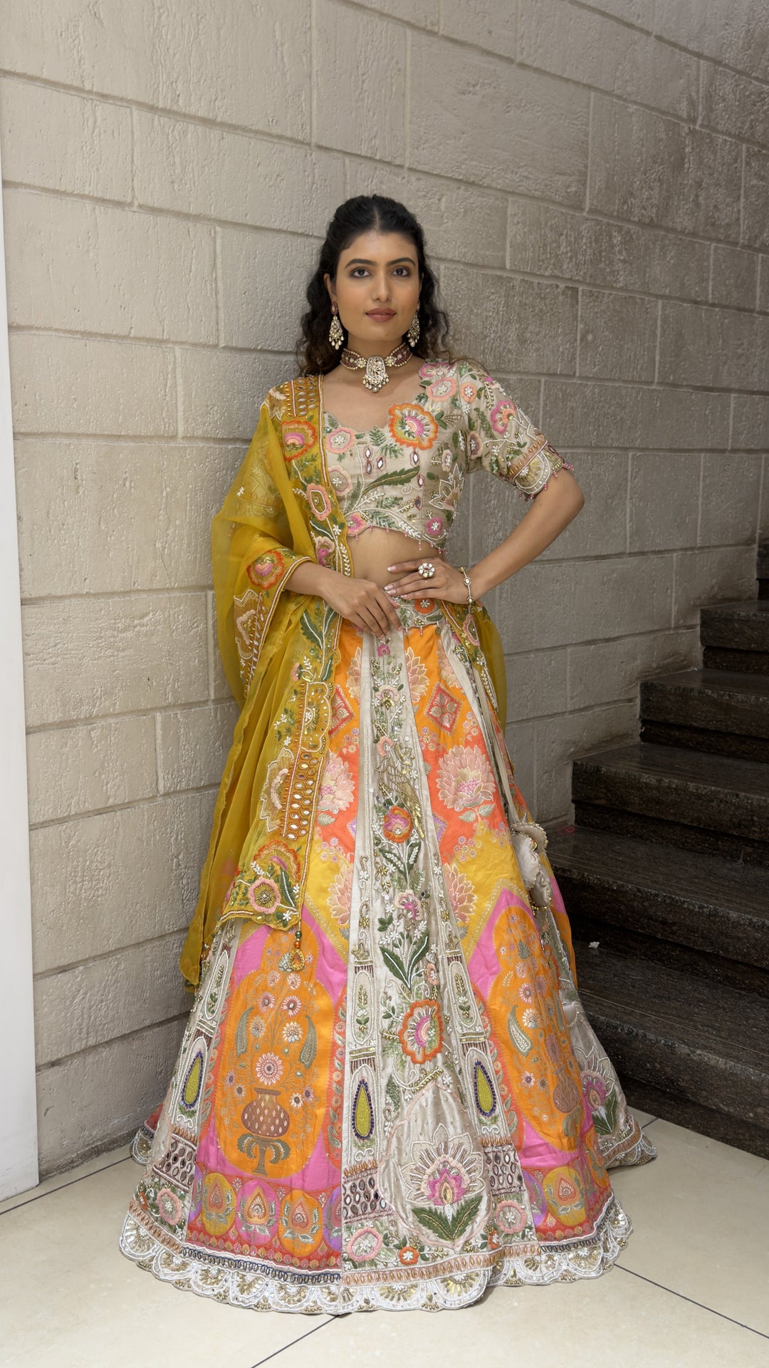Multicolor Floral Designer Bridal Lehenga with Embroidered Blouse & Mustard Dupatta