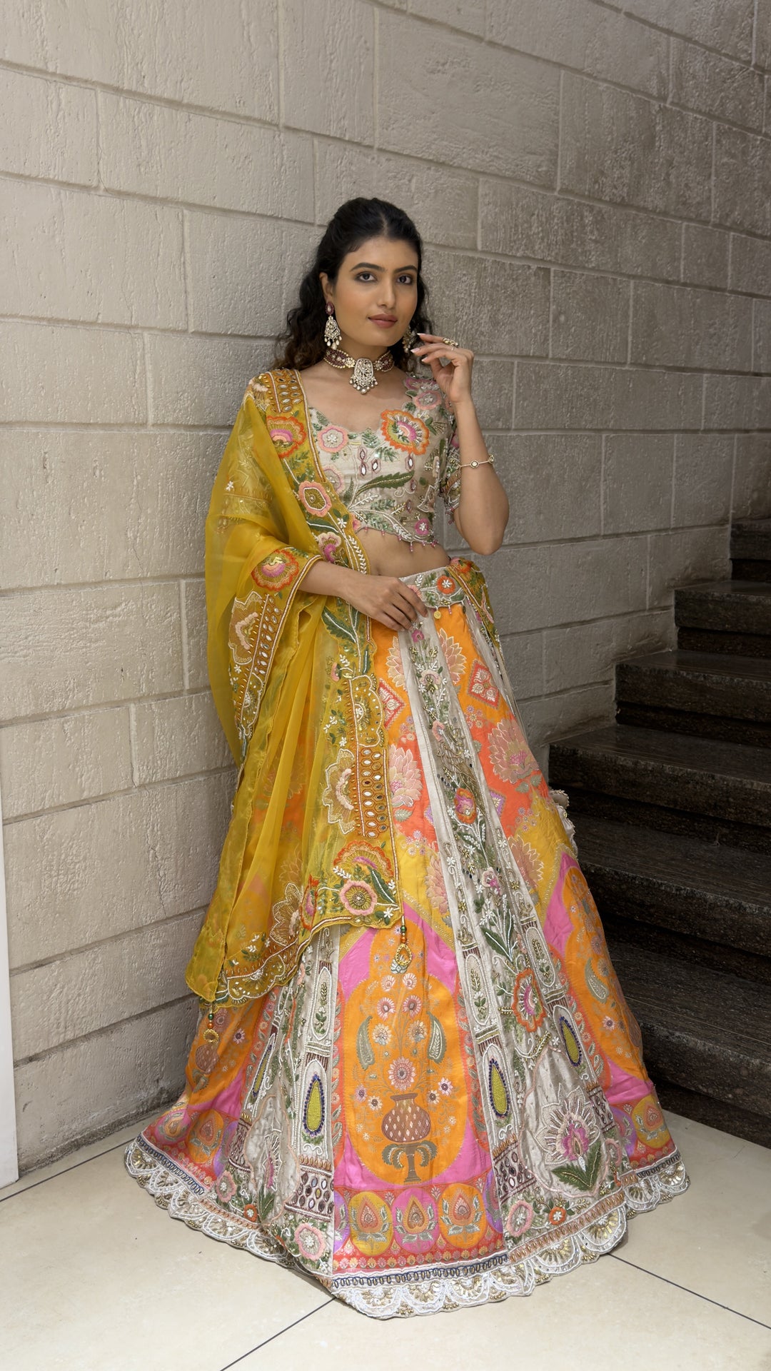 Multicolor Floral Designer Bridal Lehenga with Embroidered Blouse & Mustard Dupatta
